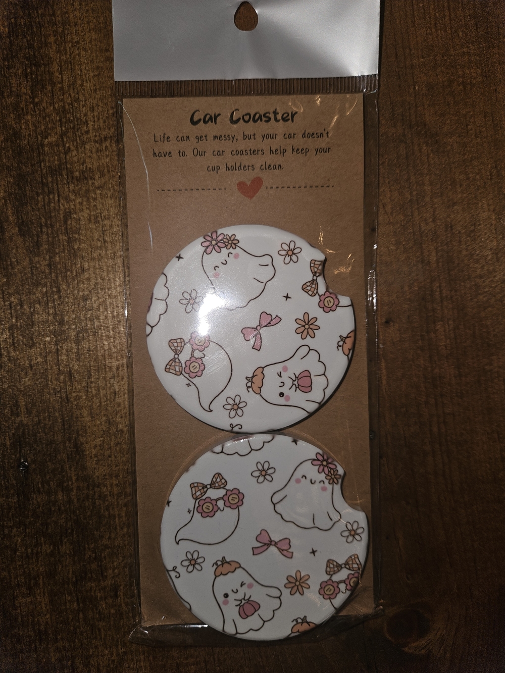 Kids Cute Ghosts Car Coaster Set - White/Pink